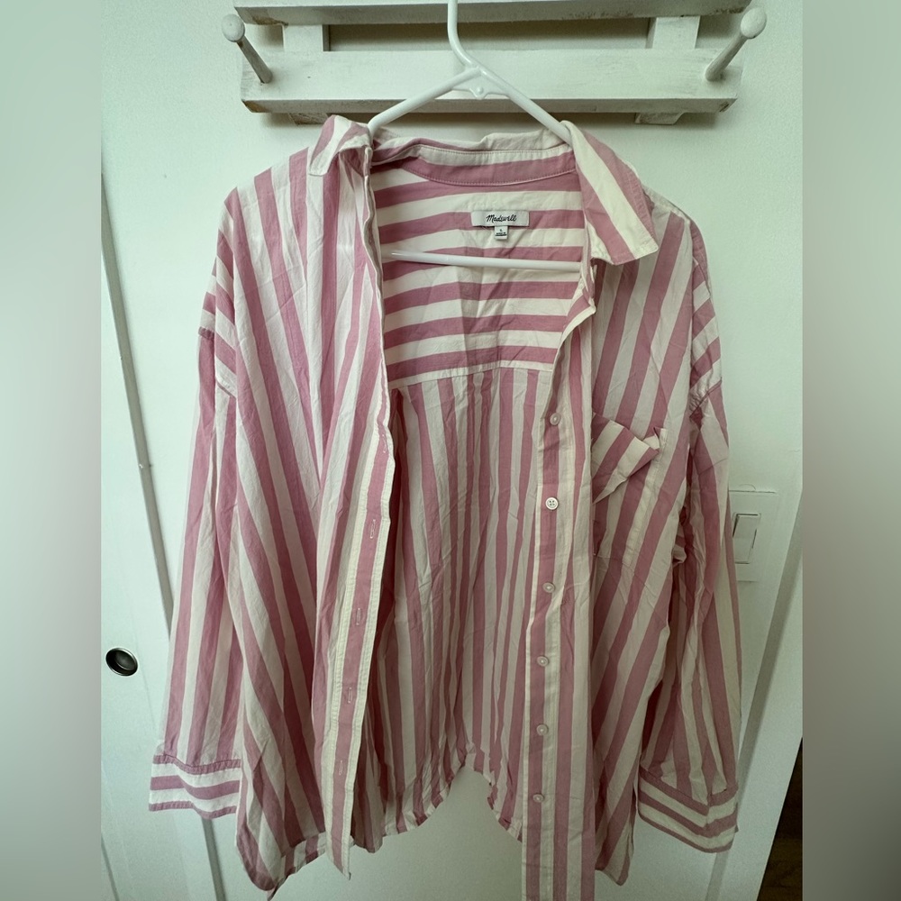 Madewell Signature Poplin Oversized Shirt Pink Stripe, size L